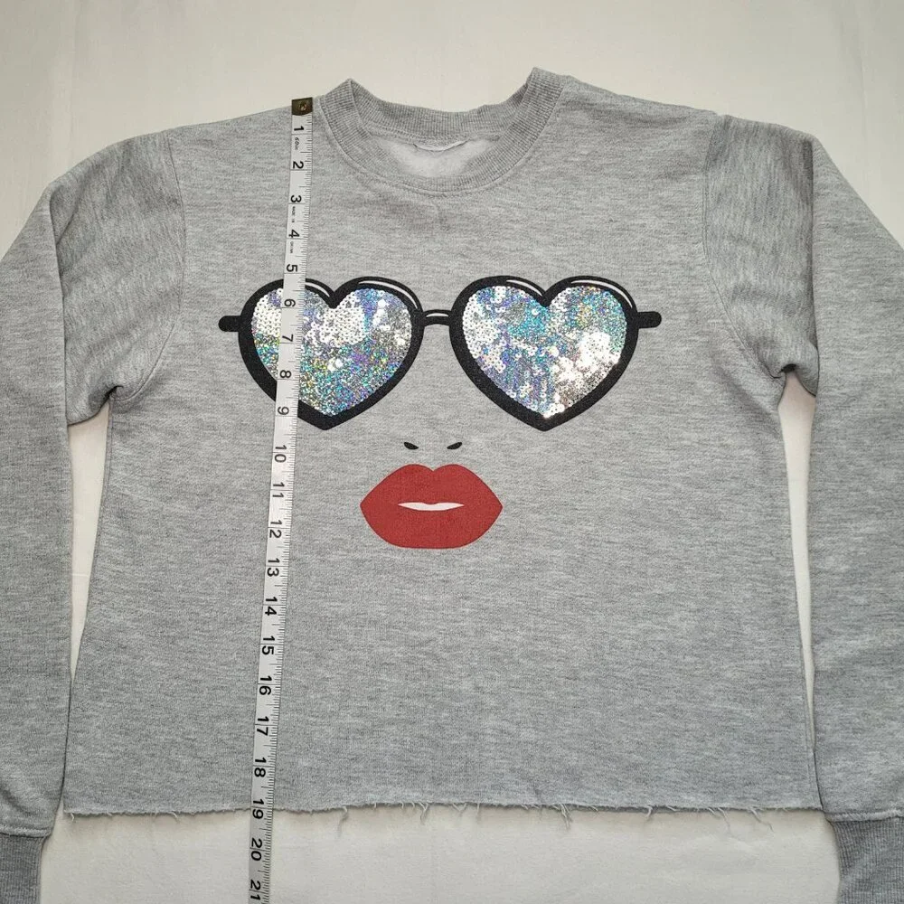 Cropped Sweatshirt Gray Sequin Heart Glasses Lips Sparkle Y2K Athleisure